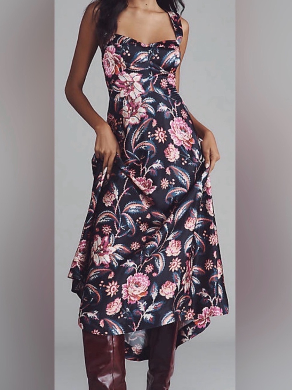 Anthropologie Black Maxi Dress with Pink Floral Paisley Print 2284 L
